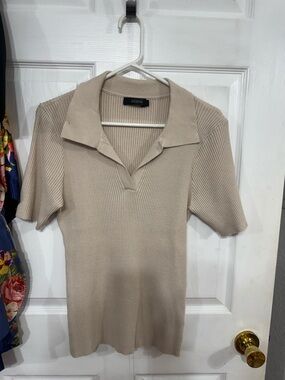 Amazon Beige Ribbed Polo Top